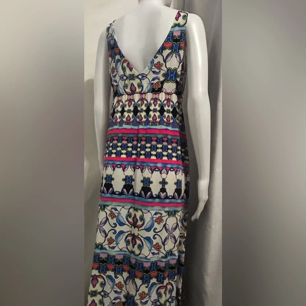 Nwt Natori Sz S Floral Aztec Tribal Geometric Flowy V Neck Maxi Dress Boho Y2K - Picture 5 of 10